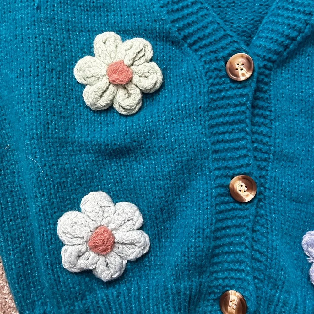Teal Kids Cardigan with Floral Design - Picture 2 of 5
